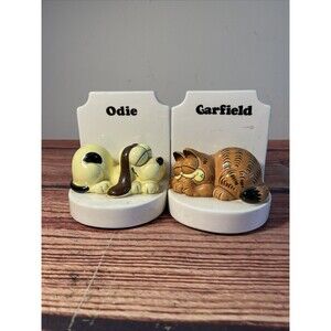 Vintage Garfield The Cat Odie Enesco Ceramic Bookends 1980s Bookplate 1981 Comic